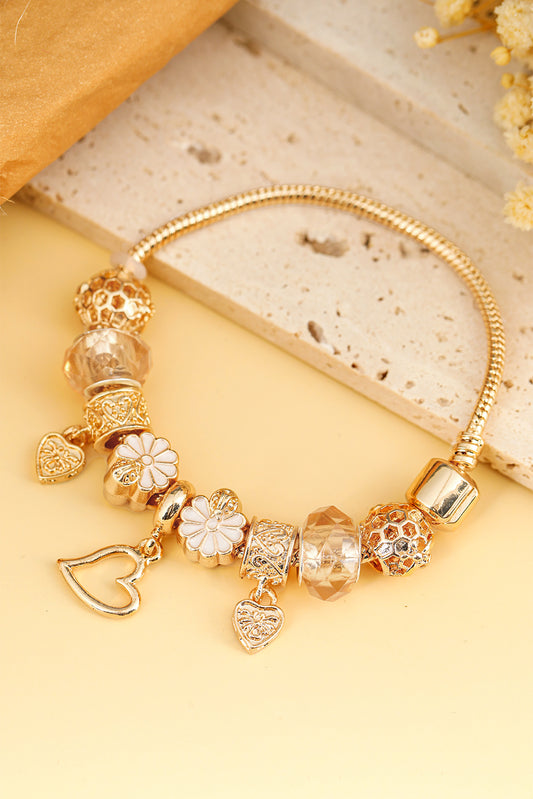 Gold Flower Heart Charm Plated Alloy Bracelet for Elegance