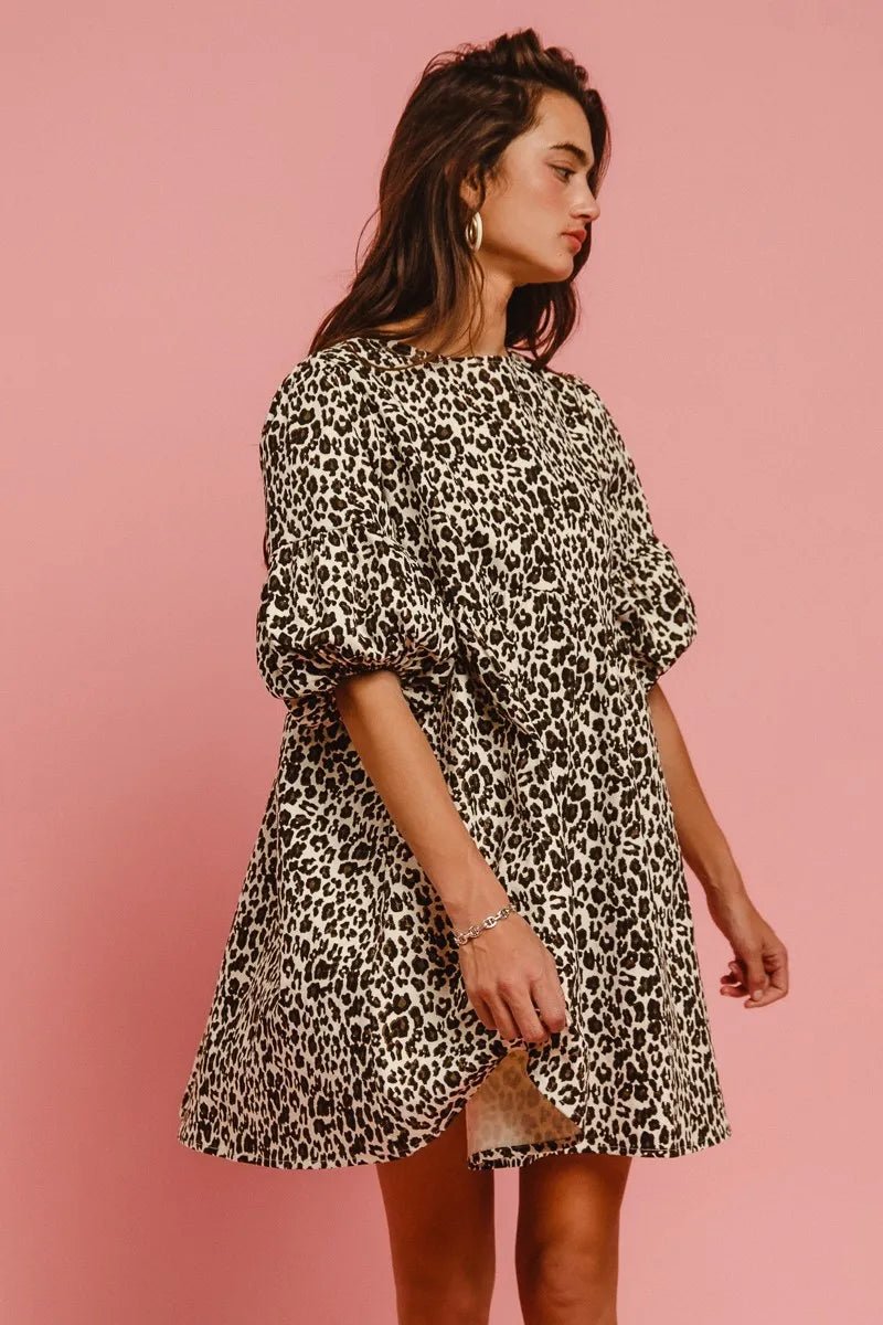 BiBi Leopard Denim Dress With Back Contrast Tie Detail - MAD RUFFI