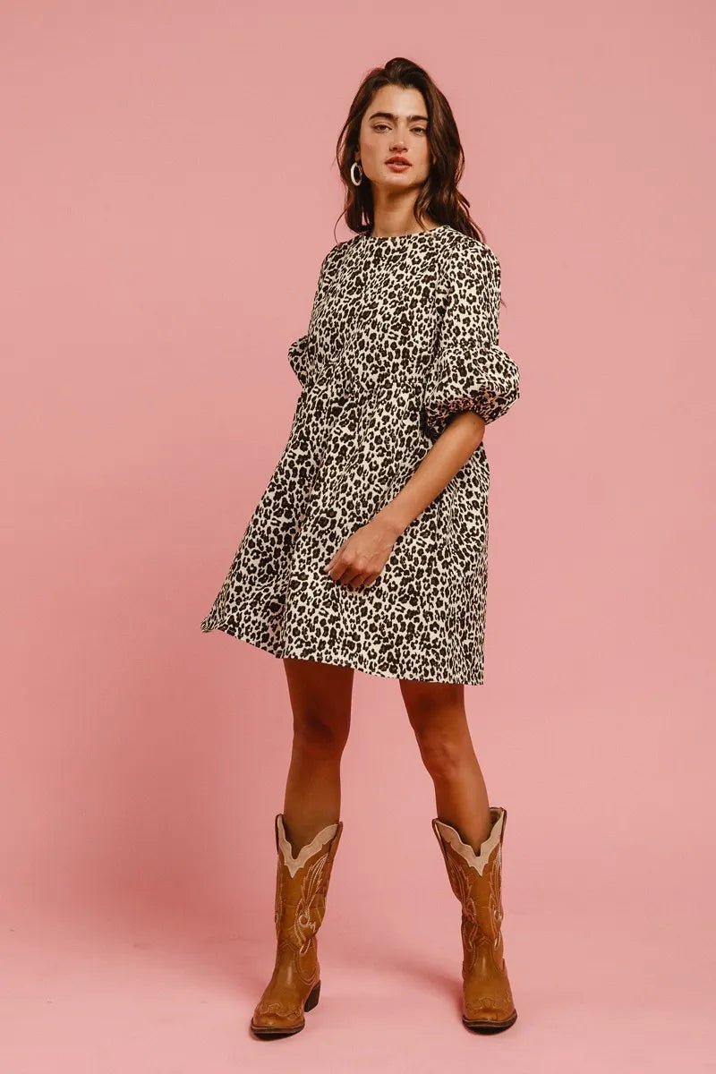 BiBi Leopard Denim Dress With Back Contrast Tie Detail - MAD RUFFI
