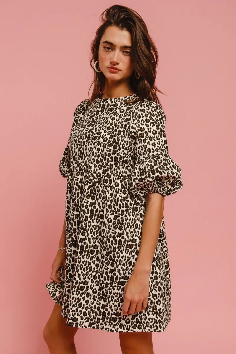 BiBi Leopard Denim Dress With Back Contrast Tie Detail - MAD RUFFI
