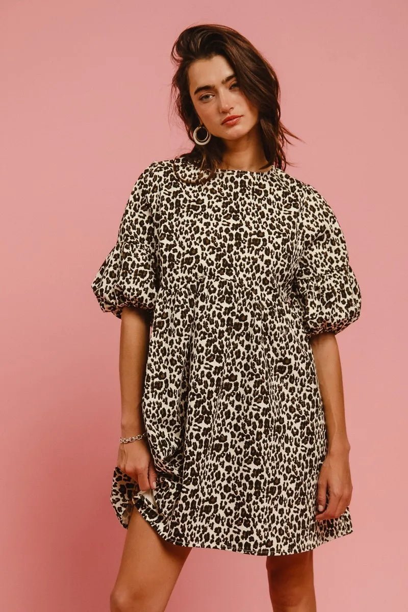 BiBi Leopard Denim Dress With Back Contrast Tie Detail - MAD RUFFI