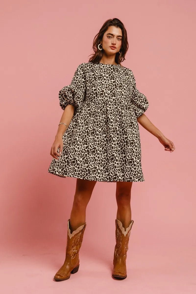BiBi Leopard Denim Dress With Back Contrast Tie Detail - MAD RUFFI