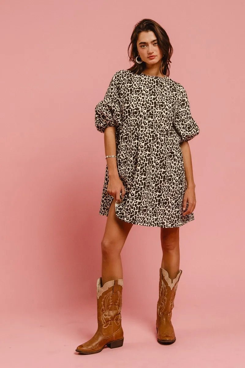 BiBi Leopard Denim Dress With Back Contrast Tie Detail - MAD RUFFI