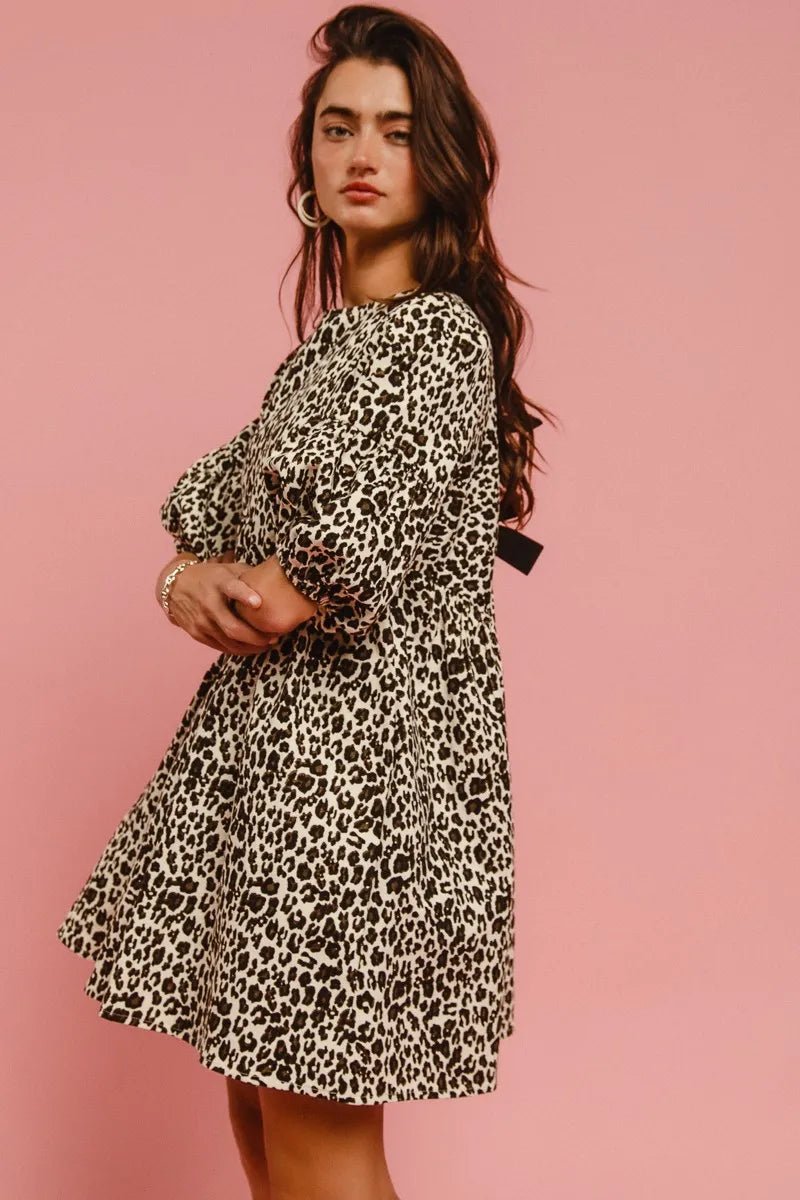 BiBi Leopard Denim Dress With Back Contrast Tie Detail - MAD RUFFI