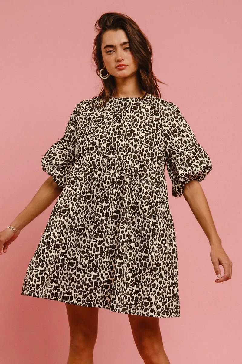 BiBi Leopard Denim Dress With Back Contrast Tie Detail - MAD RUFFI