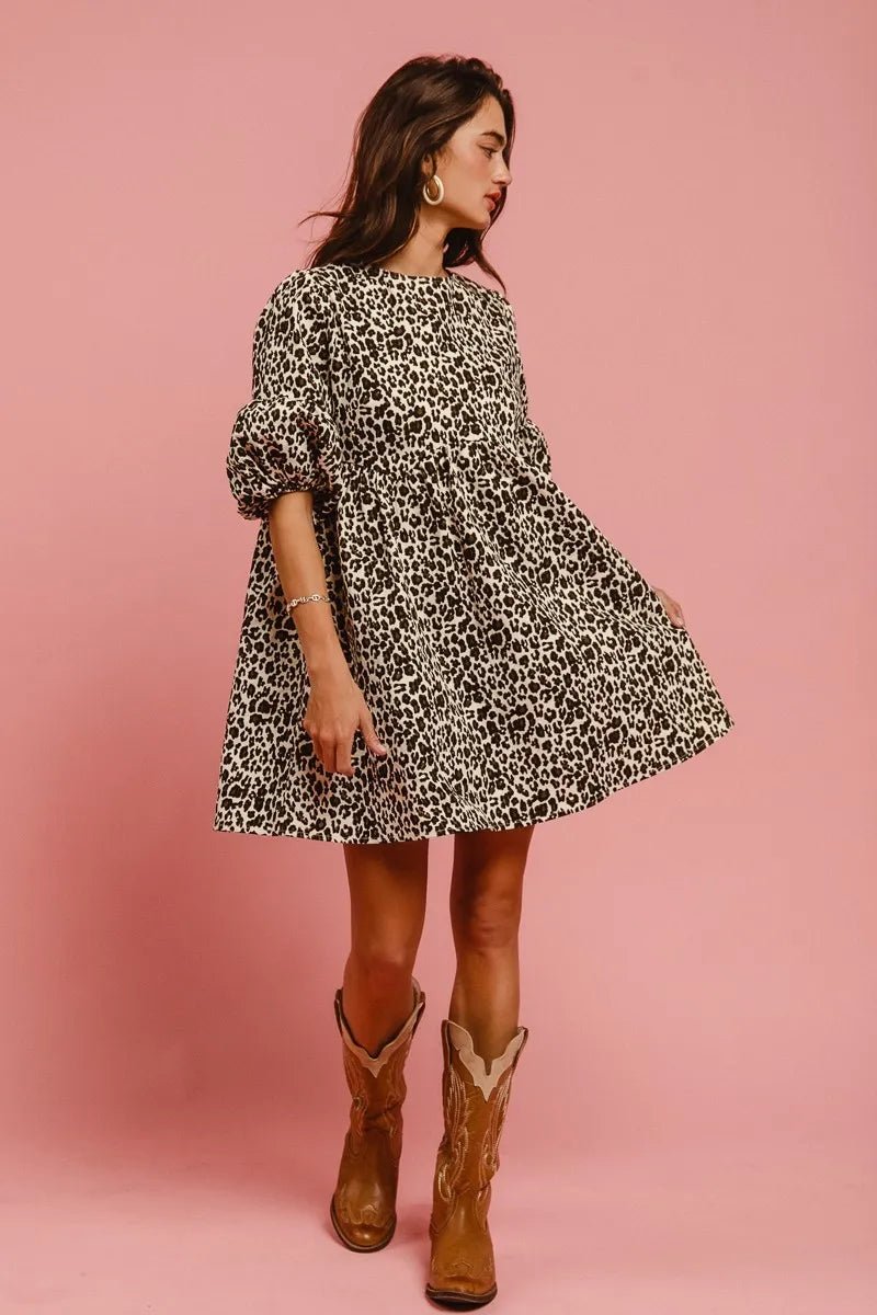 BiBi Leopard Denim Dress With Back Contrast Tie Detail - MAD RUFFI