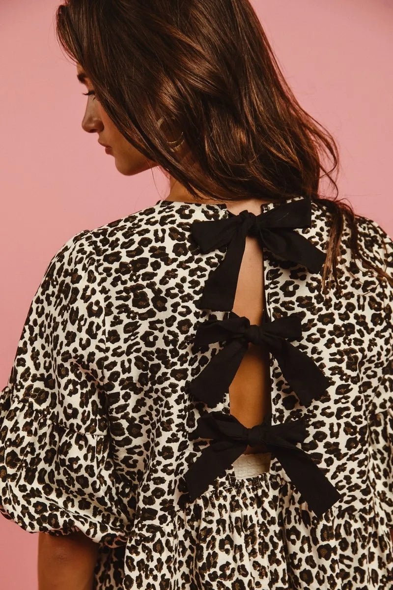 BiBi Leopard Denim Dress With Back Contrast Tie Detail - MAD RUFFI