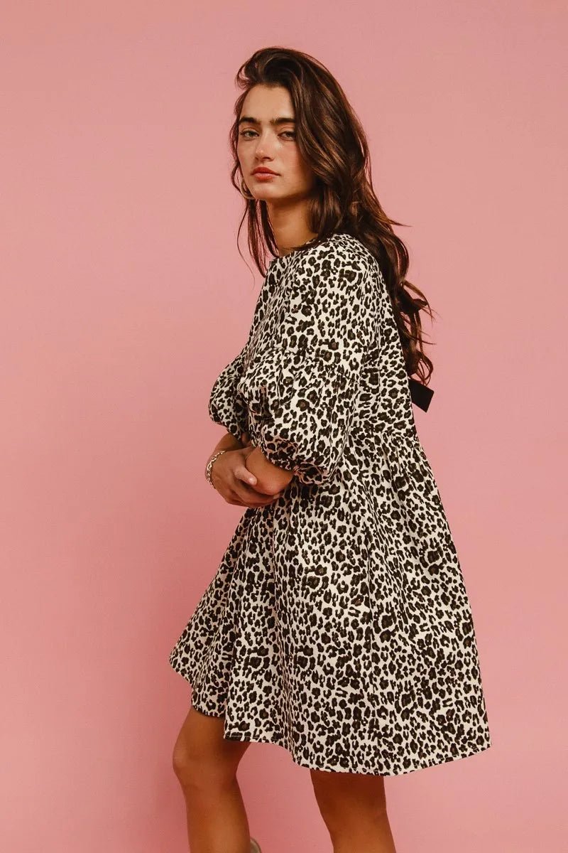 BiBi Leopard Denim Dress With Back Contrast Tie Detail - MAD RUFFI