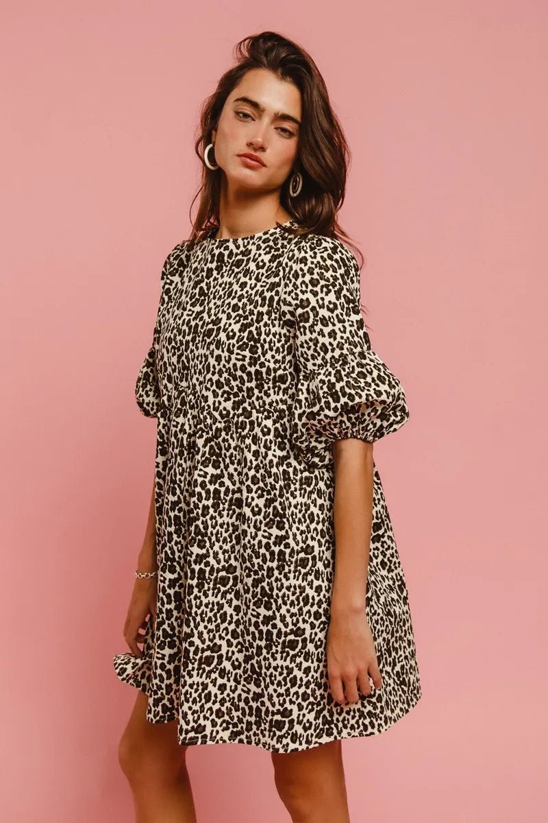 BiBi Leopard Denim Dress With Back Contrast Tie Detail - MAD RUFFI