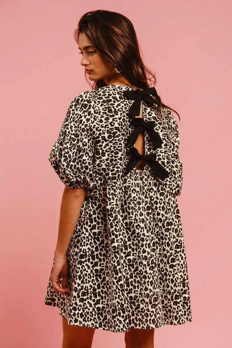 BiBi Leopard Denim Dress With Back Contrast Tie Detail - MAD RUFFI