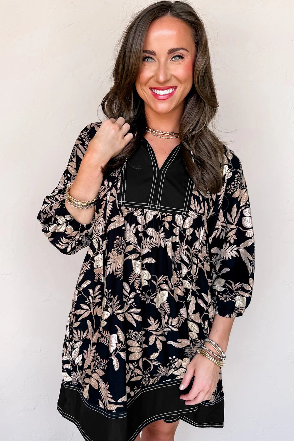 Black 3/4 Sleeve Botanical Print Split Neck Loose Mini Dress - MAD RUFFI