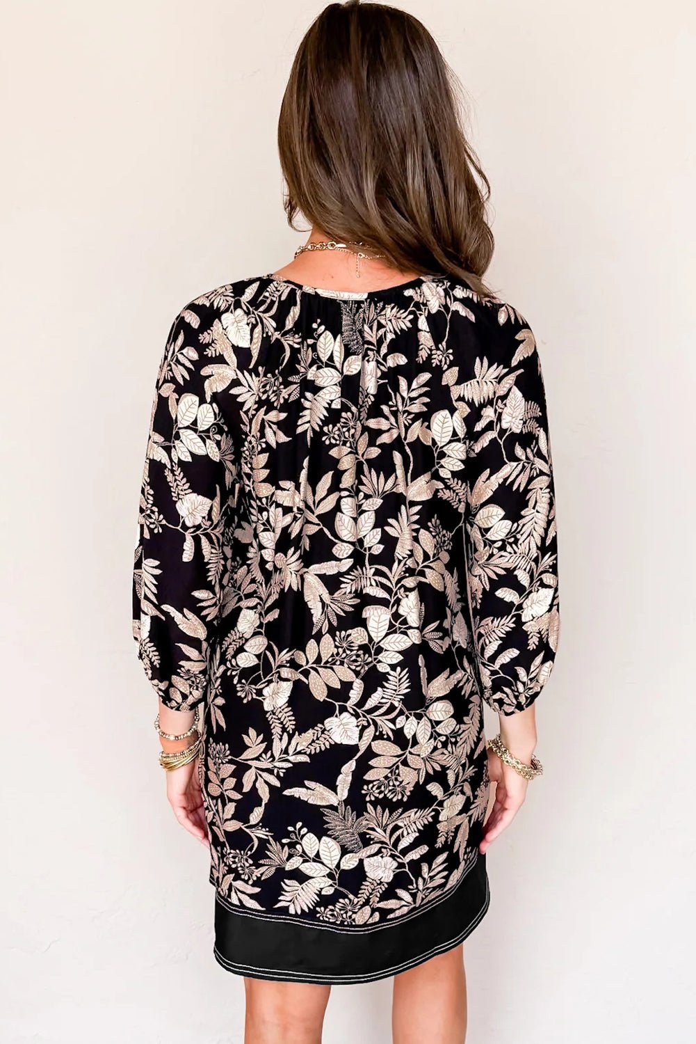 Black 3/4 Sleeve Botanical Print Split Neck Loose Mini Dress - MAD RUFFI