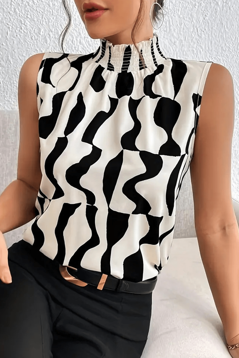 Black Abstract Print Smocked Neck Sleeveless Top - MAD RUFFI