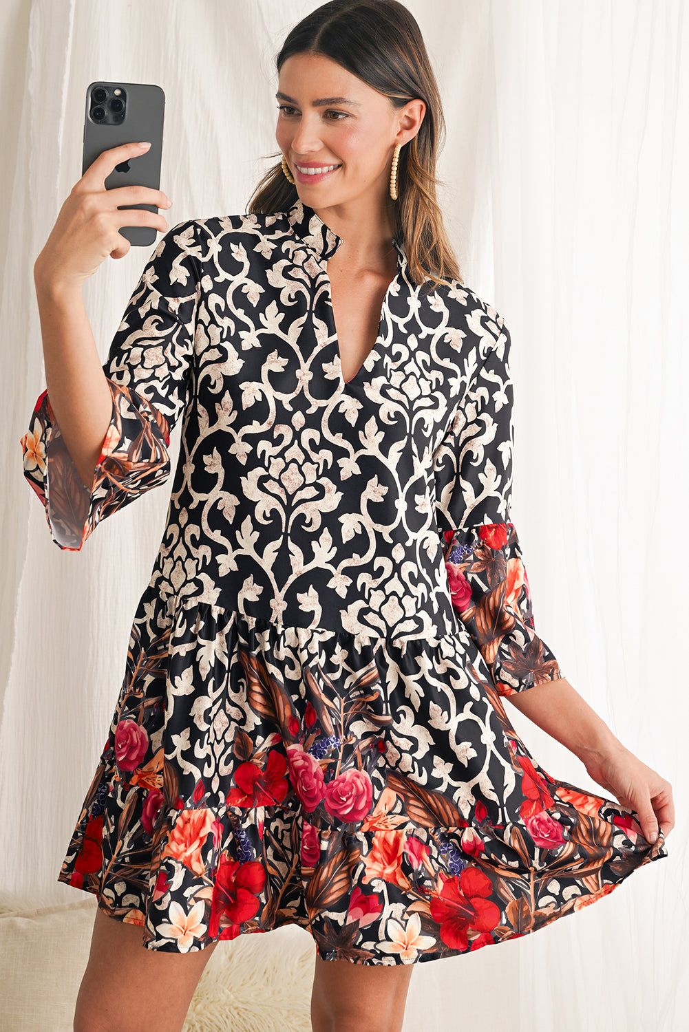 Black Abstract Print V-Neck Tiered Mini Dress - MAD RUFFI