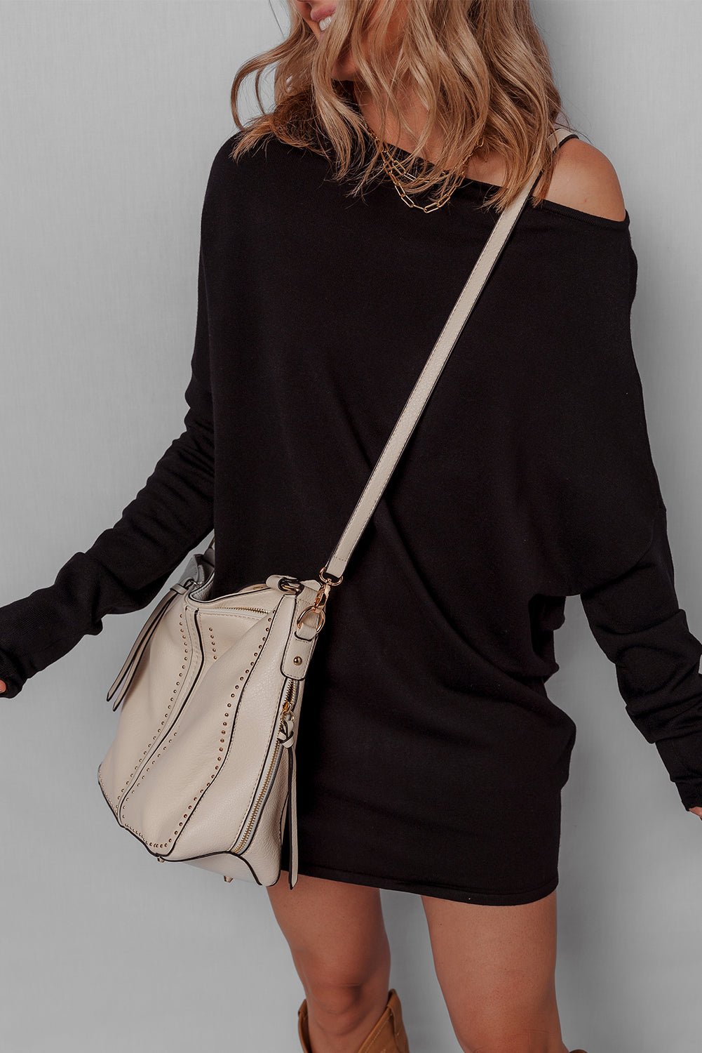 Black Asymmetric Neck Batwing Sleeve Shift Mini Sweater Dress - MAD RUFFI Black Asymmetric Neck Batwing Sleeve Shift Mini Sweater Dress - MAD RUFFI