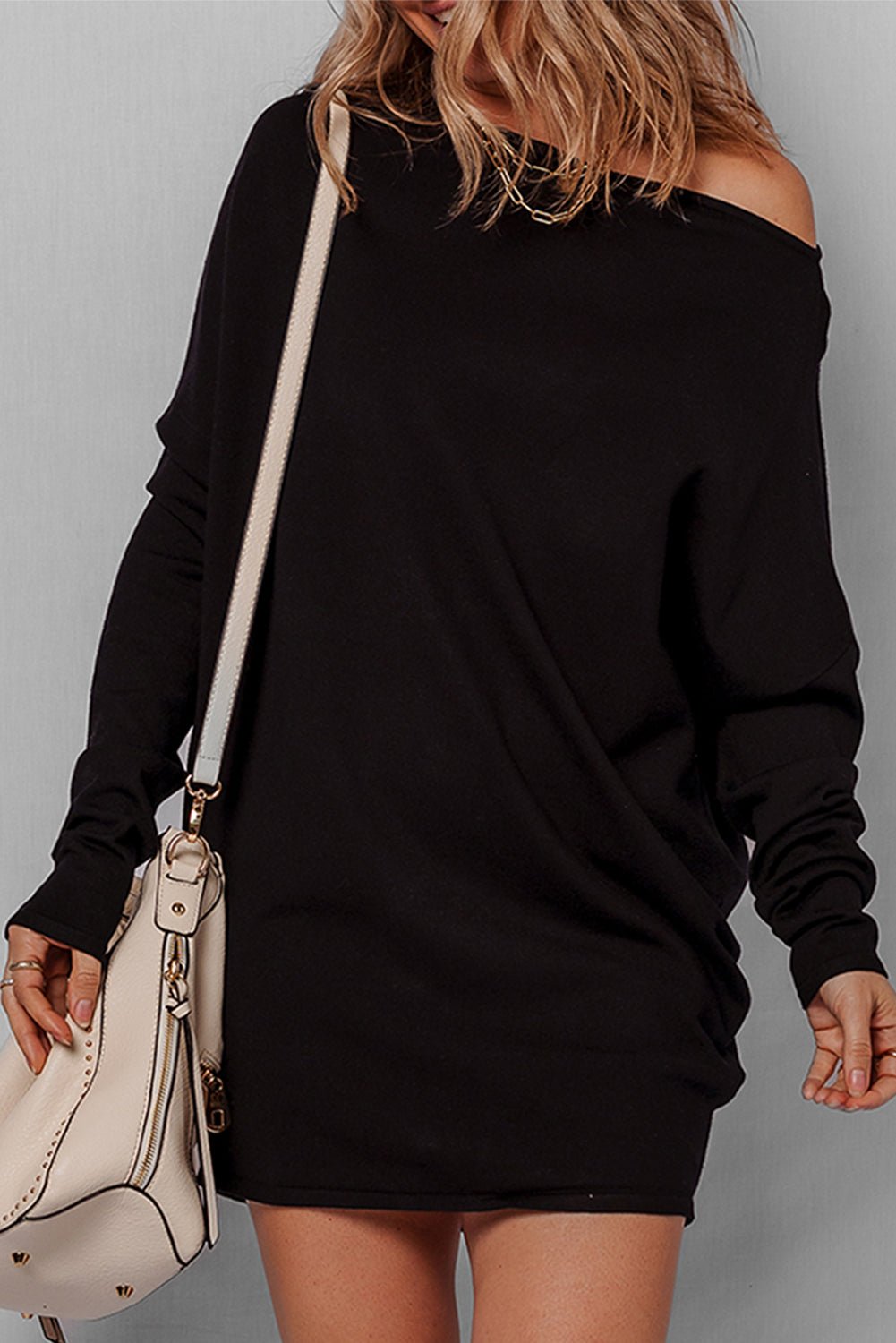 Black Asymmetric Neck Batwing Sleeve Shift Mini Sweater Dress - MAD RUFFI