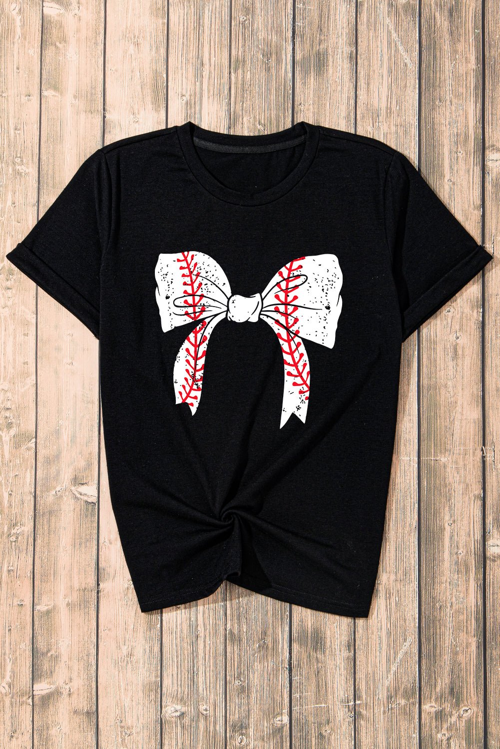 Black Baseball Bowknot Graphic Roll Up Sleeve Tee - MAD RUFFI