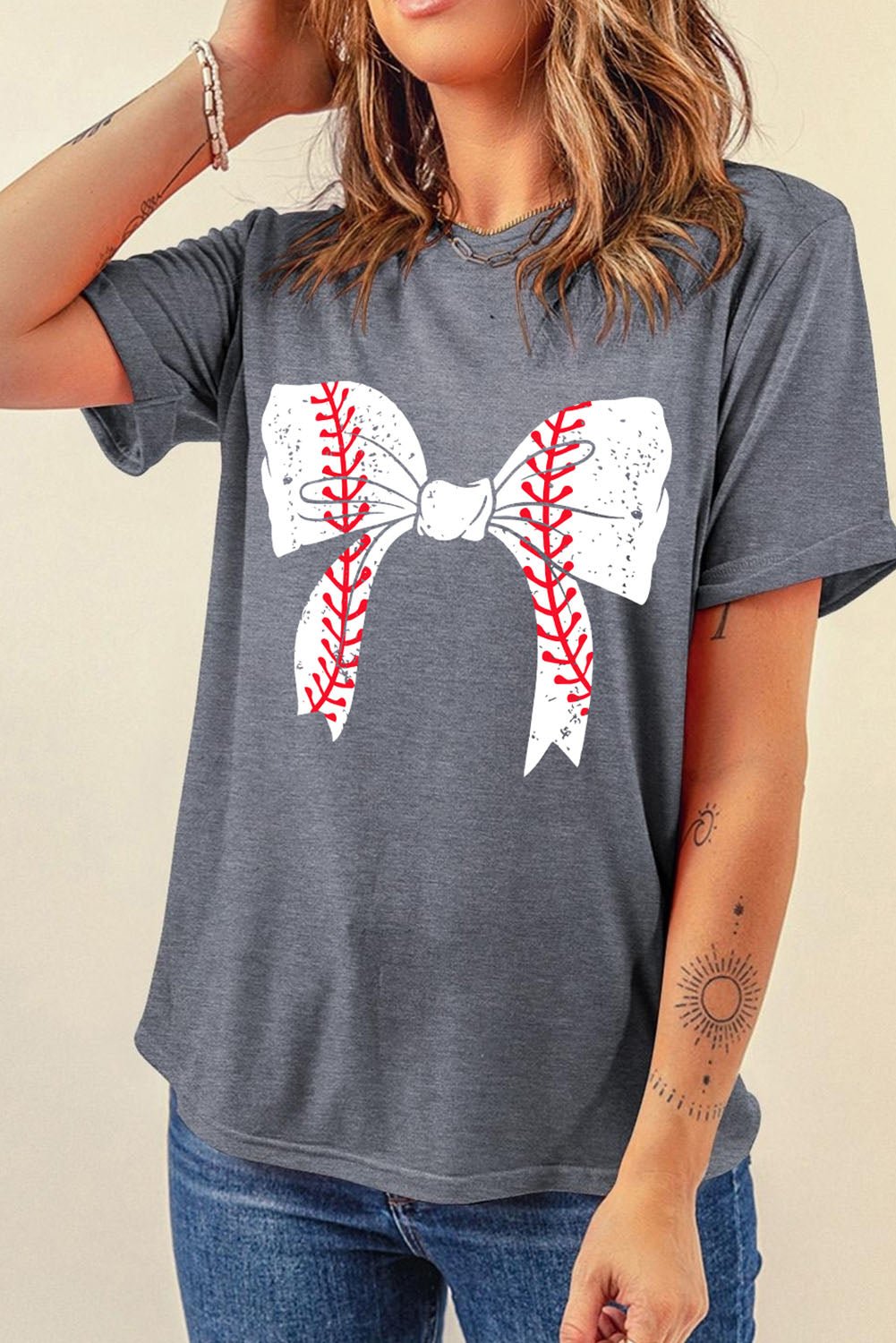 Black Baseball Bowknot Graphic Roll Up Sleeve Tee - MAD RUFFI