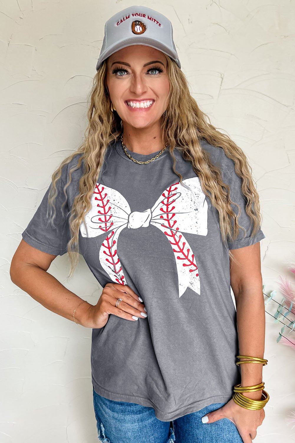 Black Baseball Bowknot Graphic Roll Up Sleeve Tee - MAD RUFFI