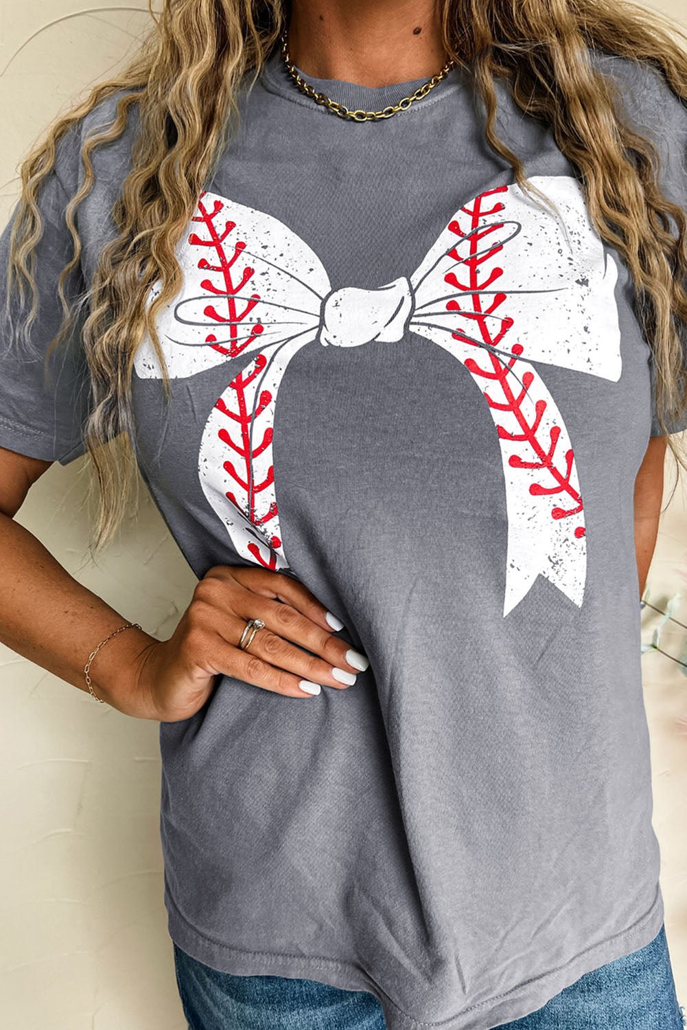 Black Baseball Bowknot Graphic Roll Up Sleeve Tee - MAD RUFFI