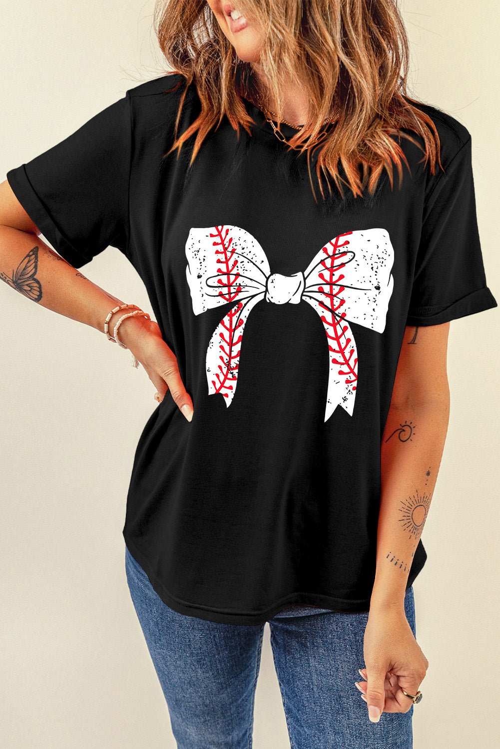 Black Baseball Bowknot Graphic Roll Up Sleeve Tee - MAD RUFFI