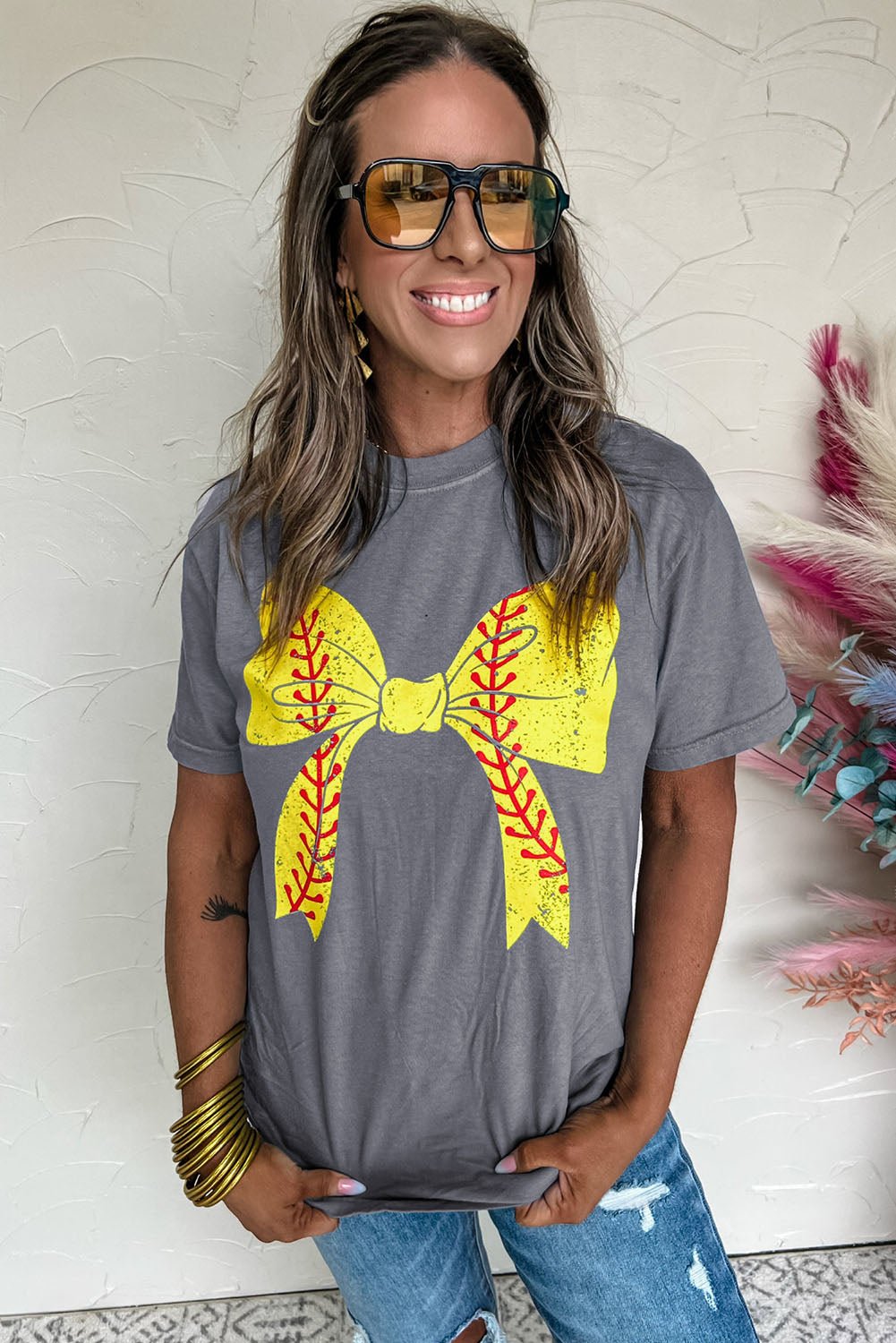 Black Baseball Bowknot Graphic Roll Up Sleeve Tee - MAD RUFFI