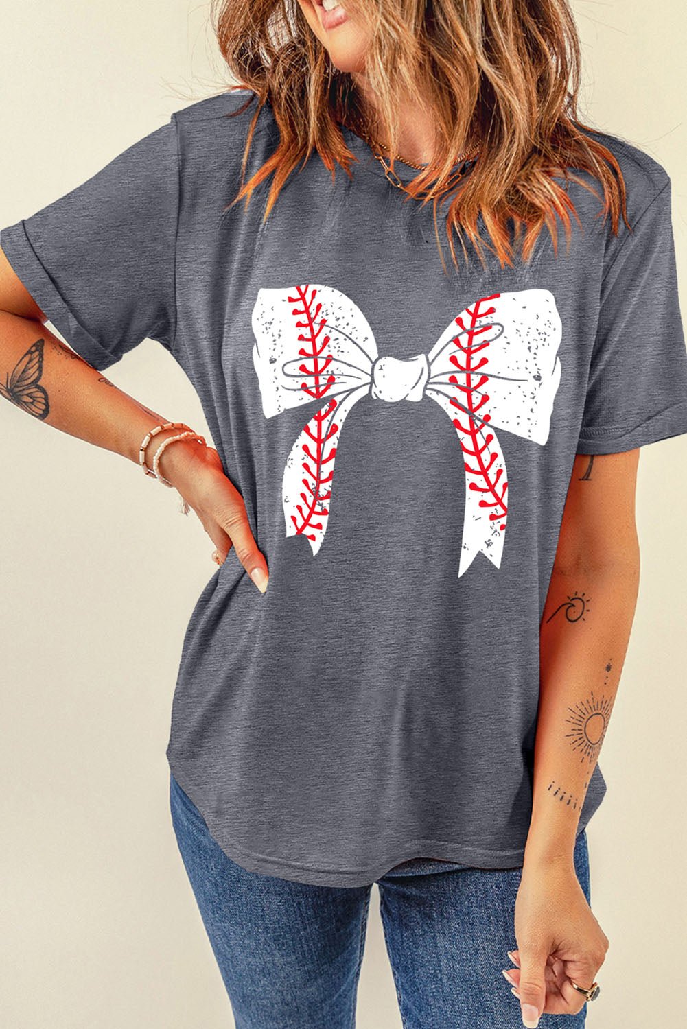 Black Baseball Bowknot Graphic Roll Up Sleeve Tee - MAD RUFFI