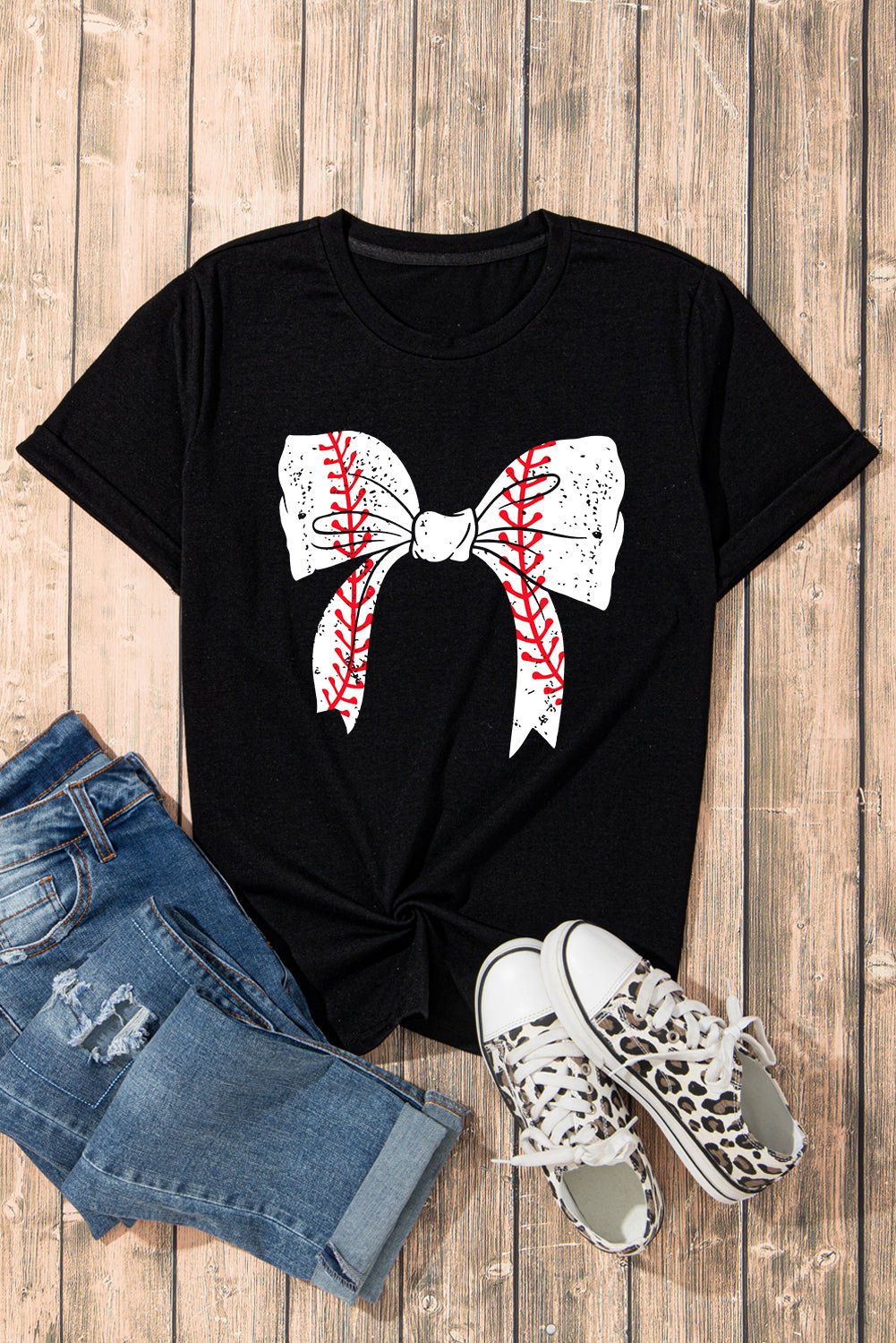 Black Baseball Bowknot Graphic Roll Up Sleeve Tee - MAD RUFFI