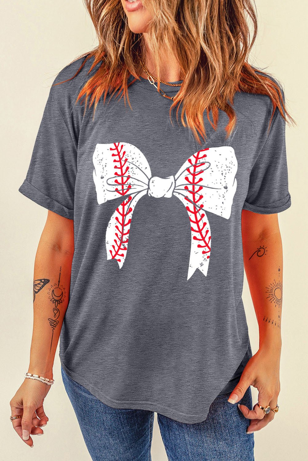 Black Baseball Bowknot Graphic Roll Up Sleeve Tee - MAD RUFFI