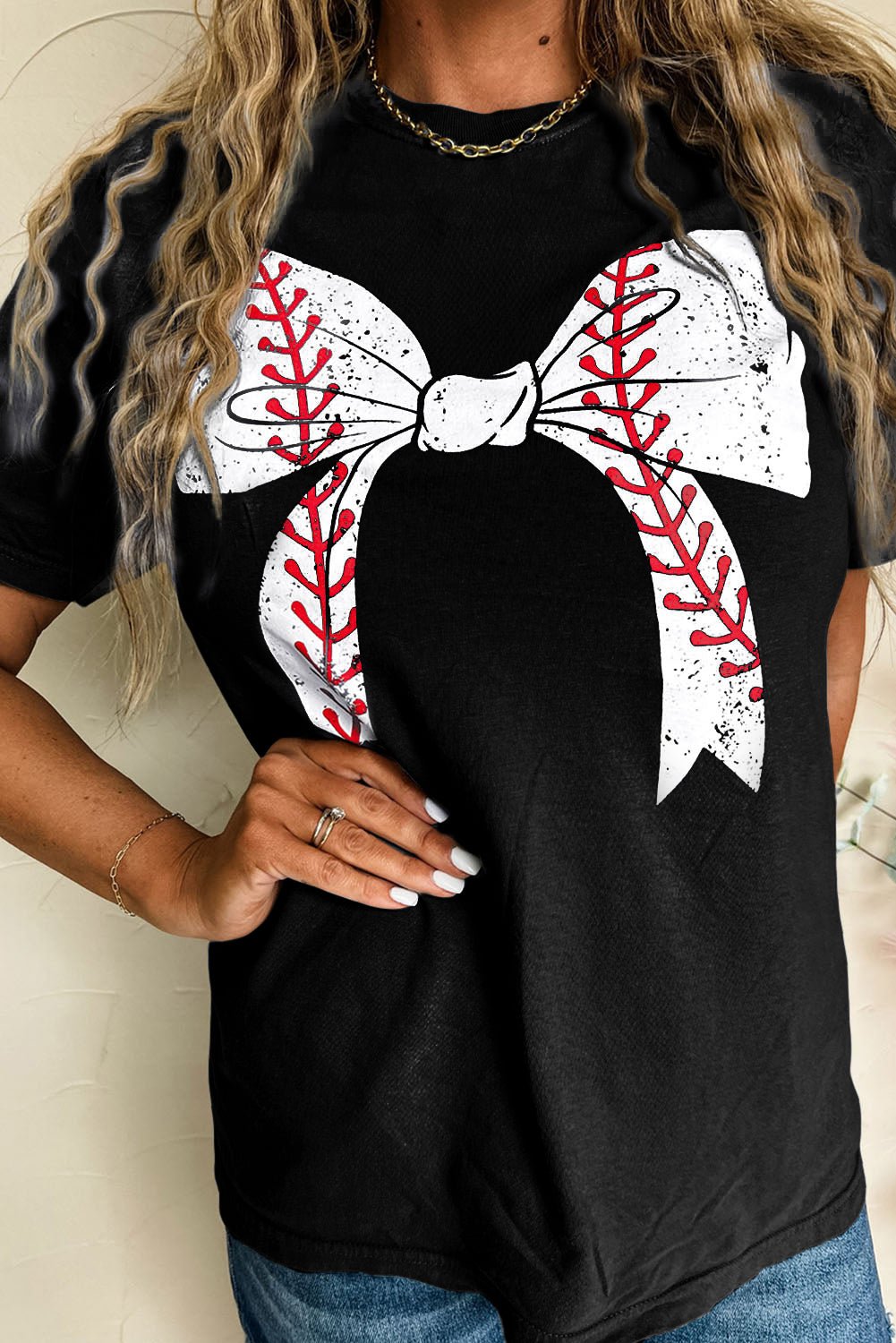 Black Baseball Bowknot Graphic Roll Up Sleeve Tee - MAD RUFFI