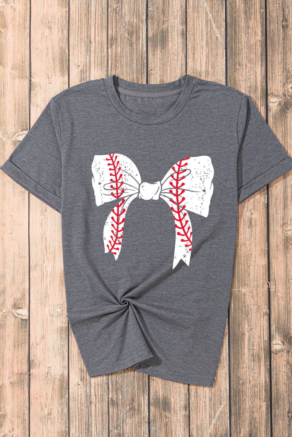 Black Baseball Bowknot Graphic Roll Up Sleeve Tee - MAD RUFFI