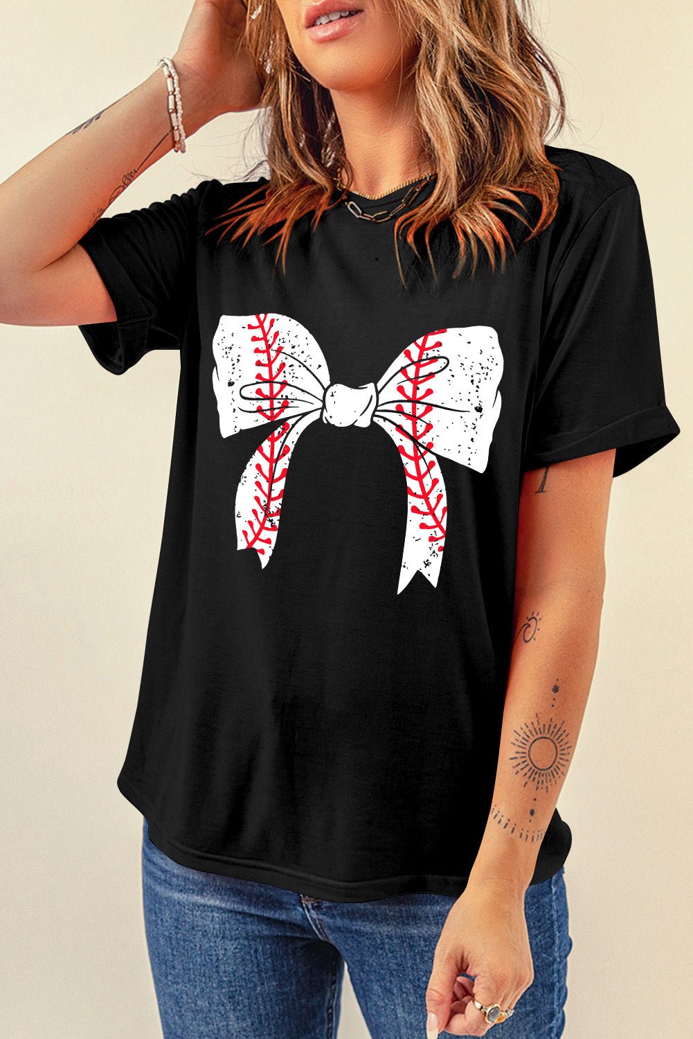 Black Baseball Bowknot Graphic Roll Up Sleeve Tee - MAD RUFFI