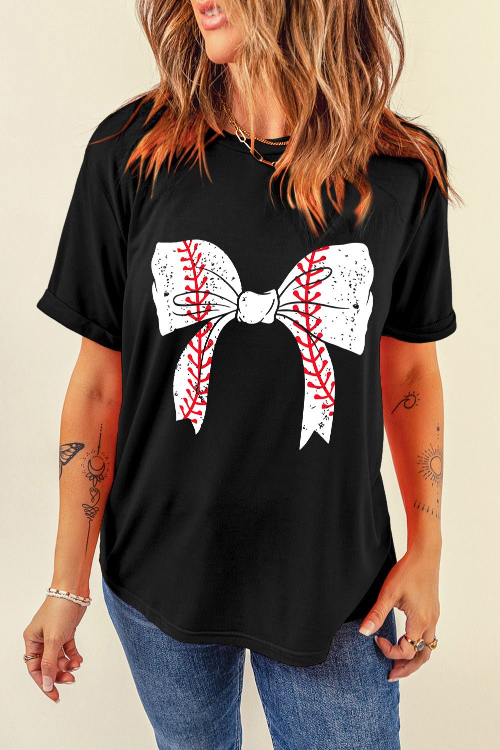 Black Baseball Bowknot Graphic Roll Up Sleeve Tee - MAD RUFFI