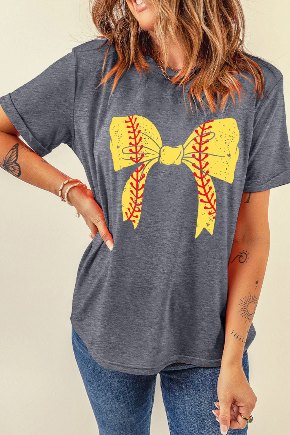 Black Baseball Bowknot Graphic Roll Up Sleeve Tee - MAD RUFFI