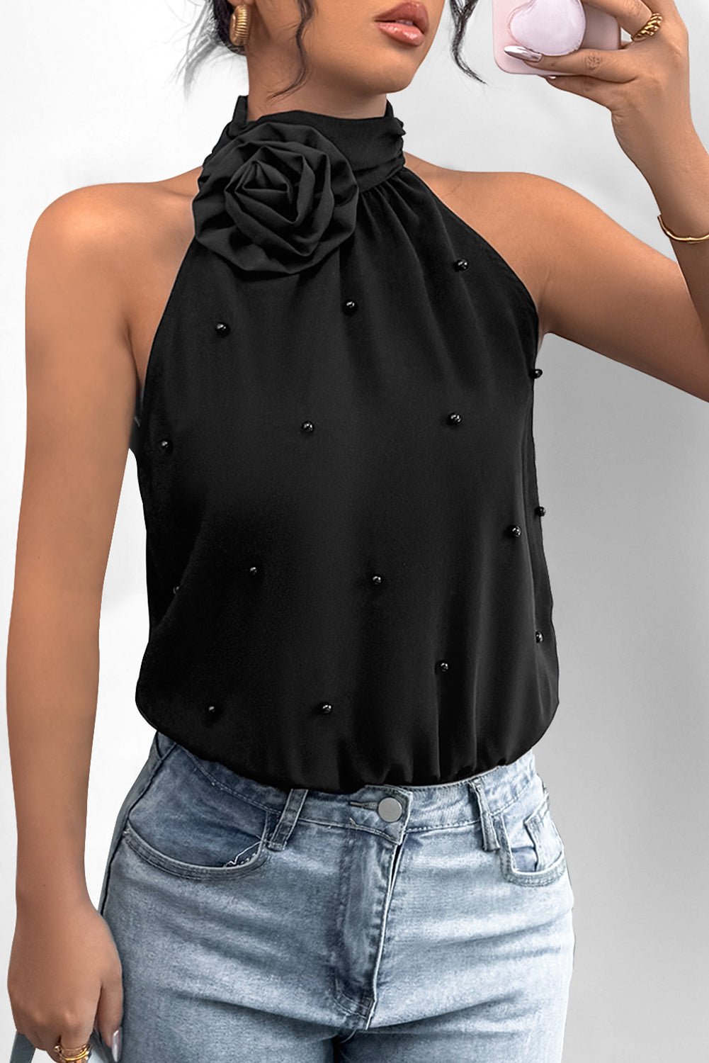Black Beaded Decor Flower Halter Bodysuit - MAD RUFFI