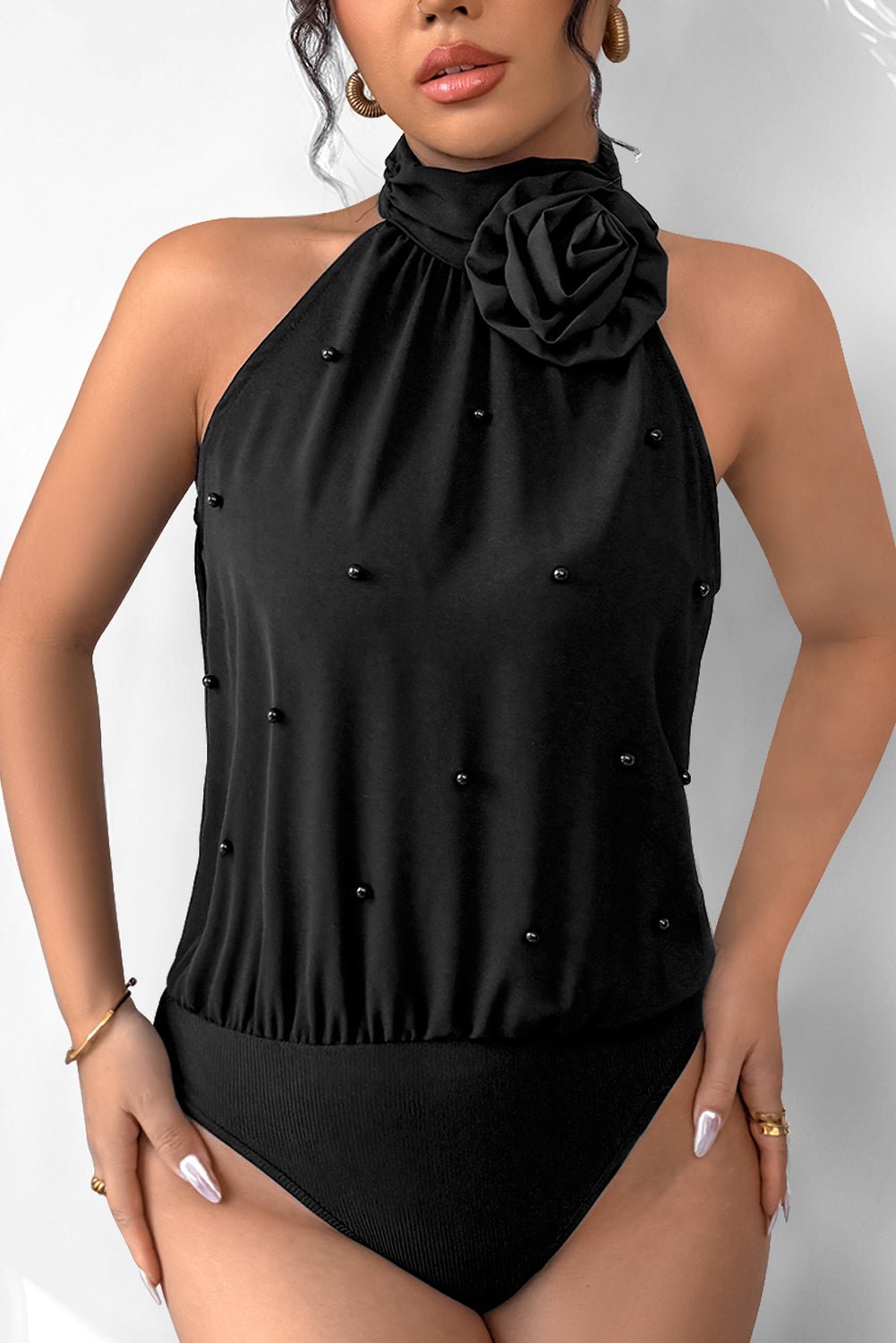 Black Beaded Decor Flower Halter Bodysuit - MAD RUFFI