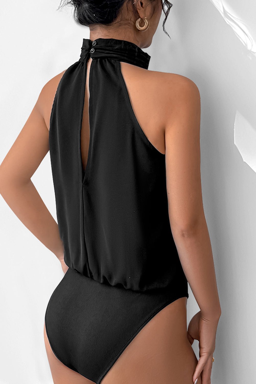 Black Beaded Decor Flower Halter Bodysuit - MAD RUFFI