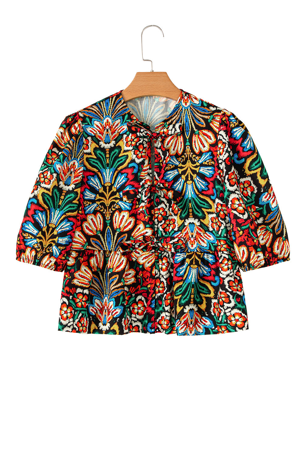 Black Bohemian Tropical Print Front Tie V-Neck Bubble Sleeve Blouse - MAD RUFFI