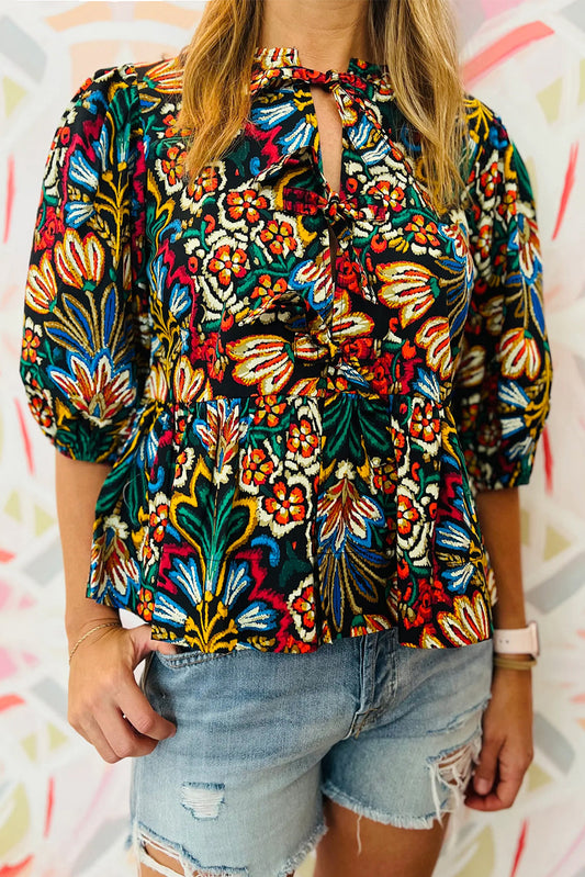 Black Bohemian Tropical Print Front Tie V-Neck Bubble Sleeve Blouse - MAD RUFFI