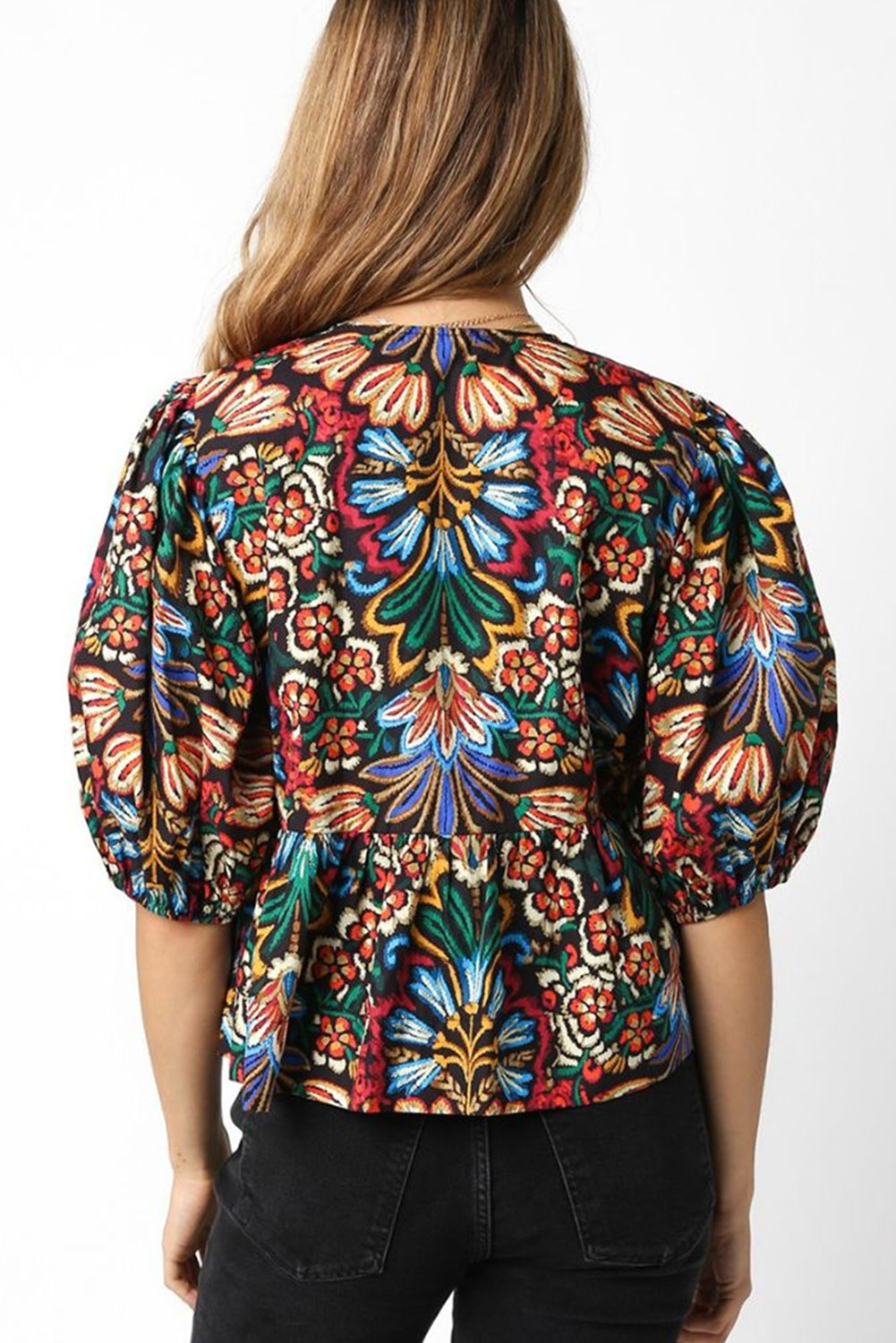 Black Bohemian Tropical Print Front Tie V-Neck Bubble Sleeve Blouse - MAD RUFFI