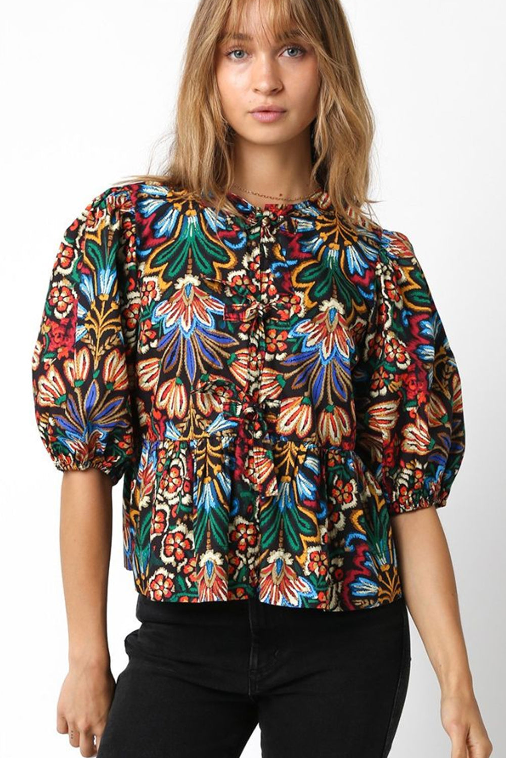 Black Bohemian Tropical Print Front Tie V-Neck Bubble Sleeve Blouse - MAD RUFFI