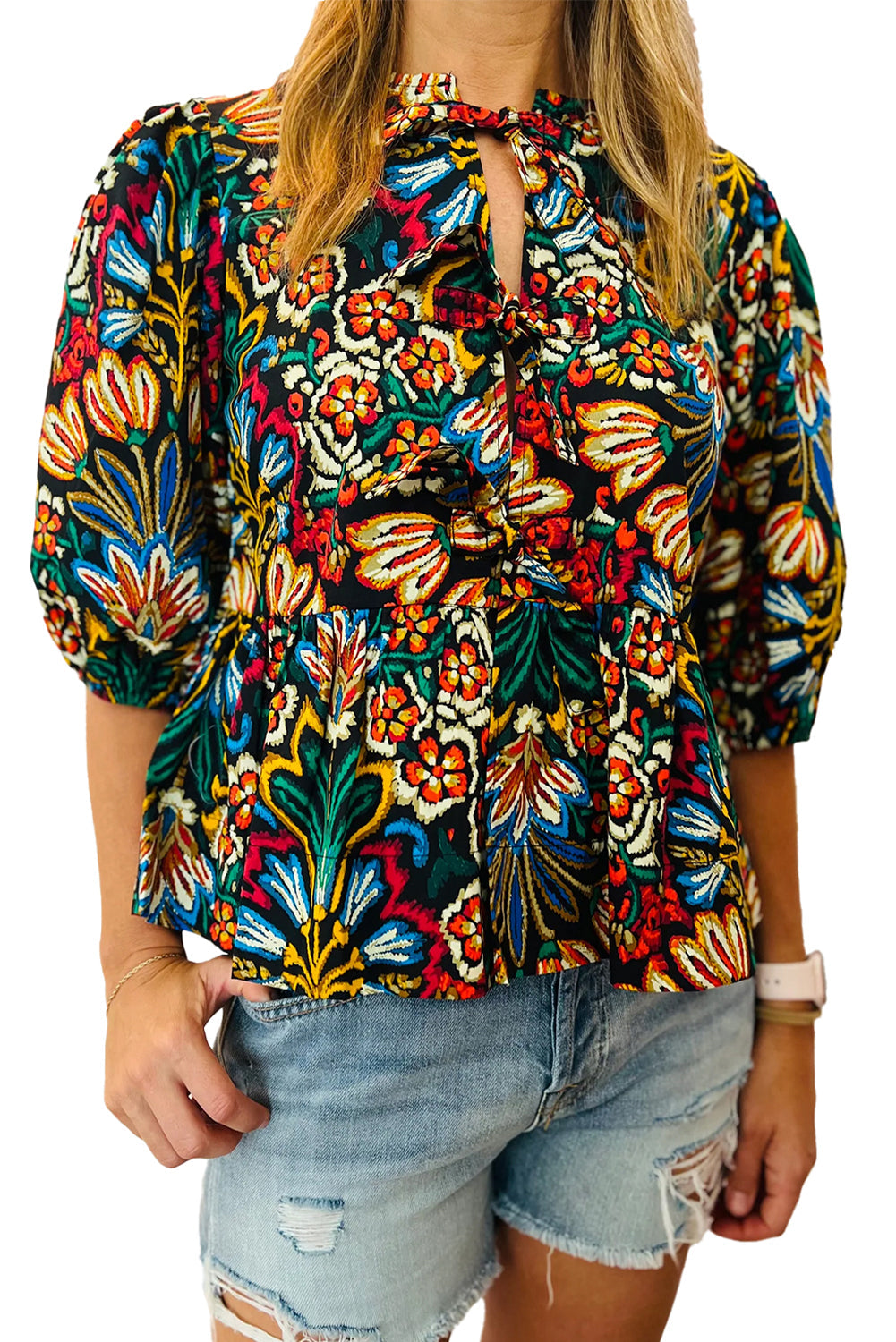 Black Bohemian Tropical Print Front Tie V-Neck Bubble Sleeve Blouse - MAD RUFFI