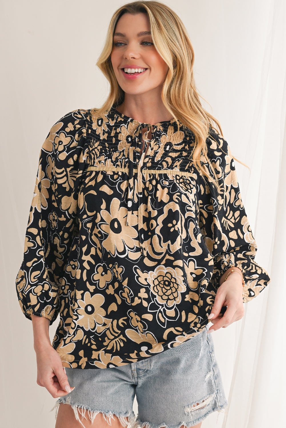 Black Boho Floral Smocked V Neck Bracelet Sleeve Blouse - MAD RUFFI