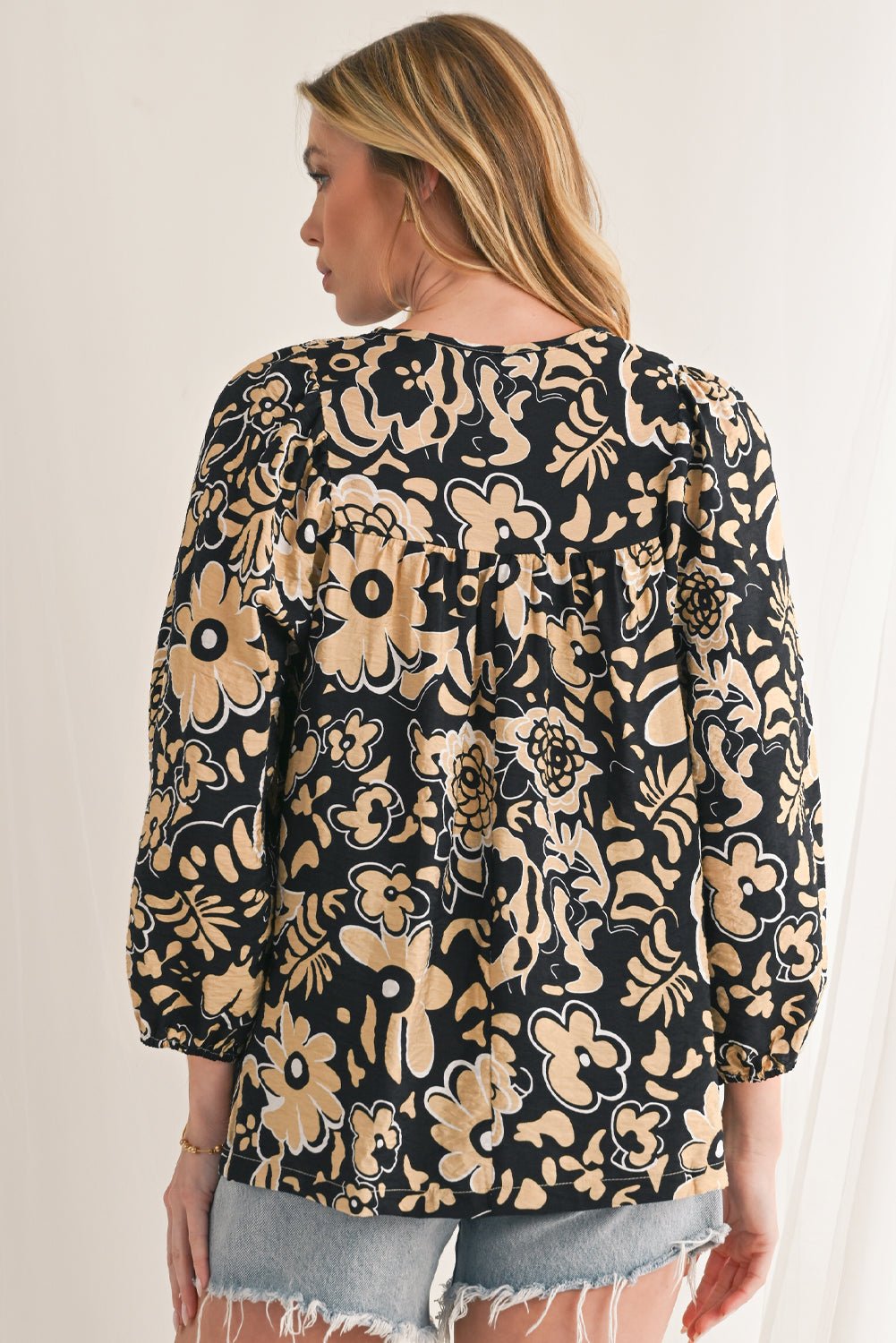 Black Boho Floral Smocked V Neck Bracelet Sleeve Blouse - MAD RUFFI