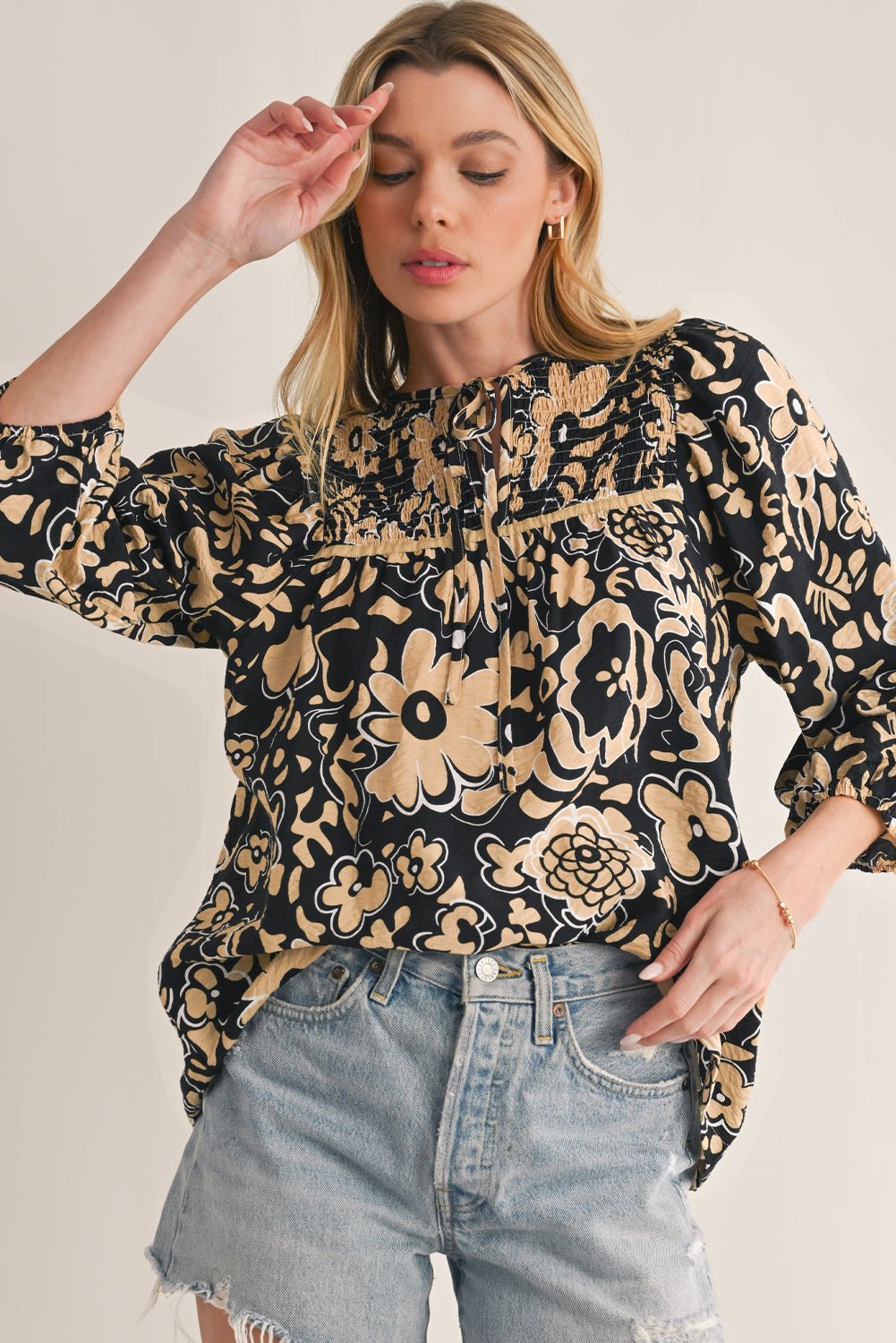 Black Boho Floral Smocked V Neck Bracelet Sleeve Blouse - MAD RUFFI