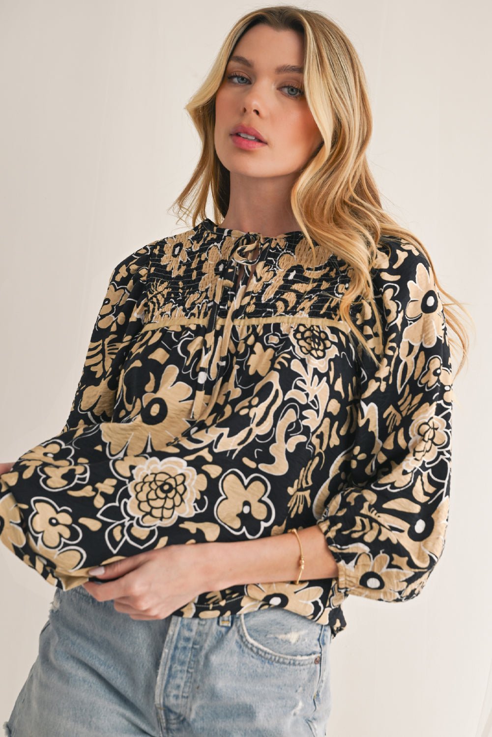 Black Boho Floral Smocked V Neck Bracelet Sleeve Blouse - MAD RUFFI