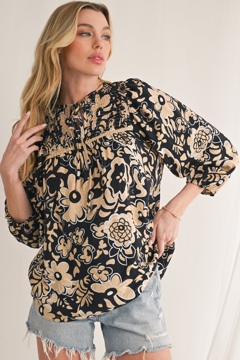 Black Boho Floral Smocked V Neck Bracelet Sleeve Blouse - MAD RUFFI