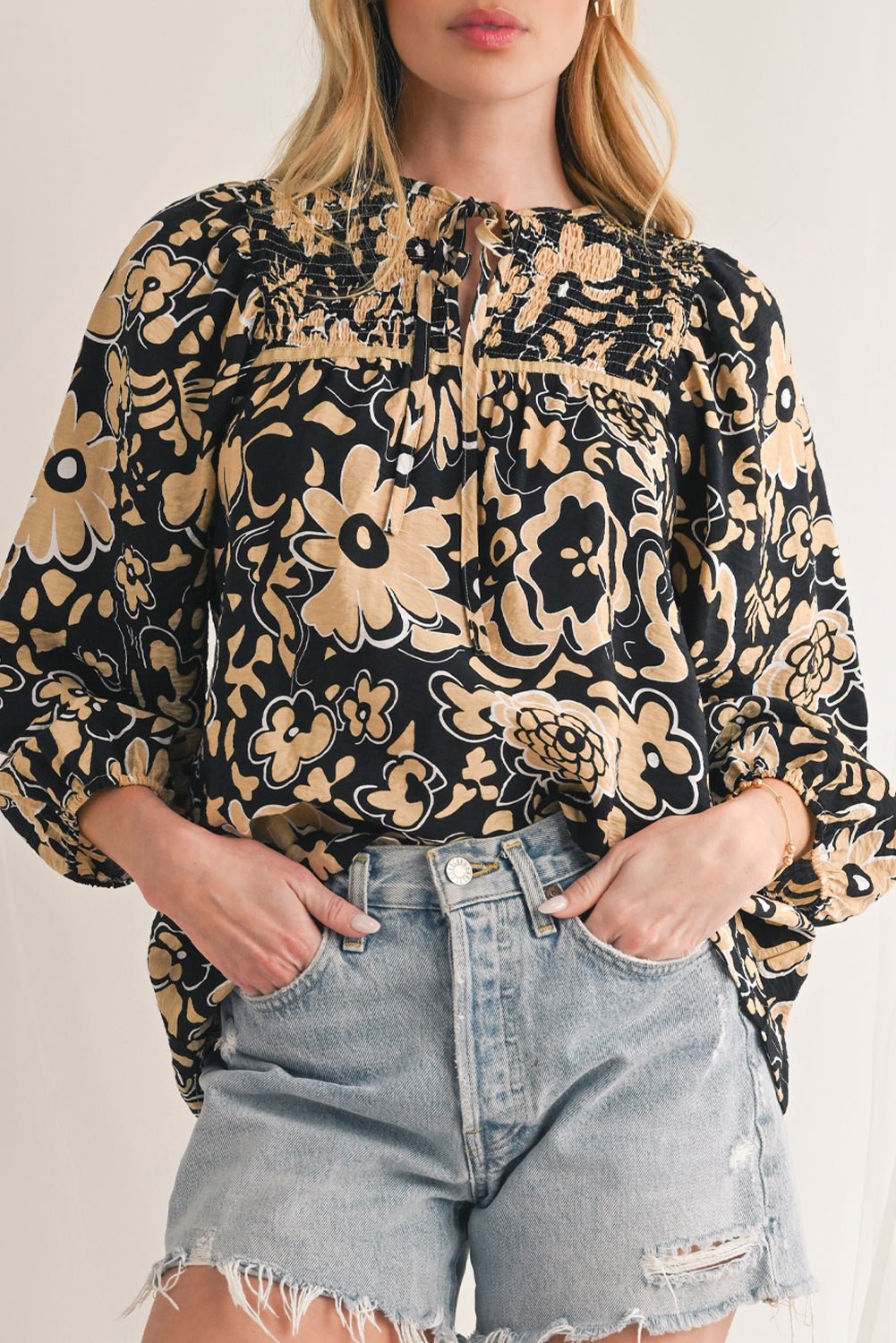 Black Boho Floral Smocked V Neck Bracelet Sleeve Blouse - MAD RUFFI