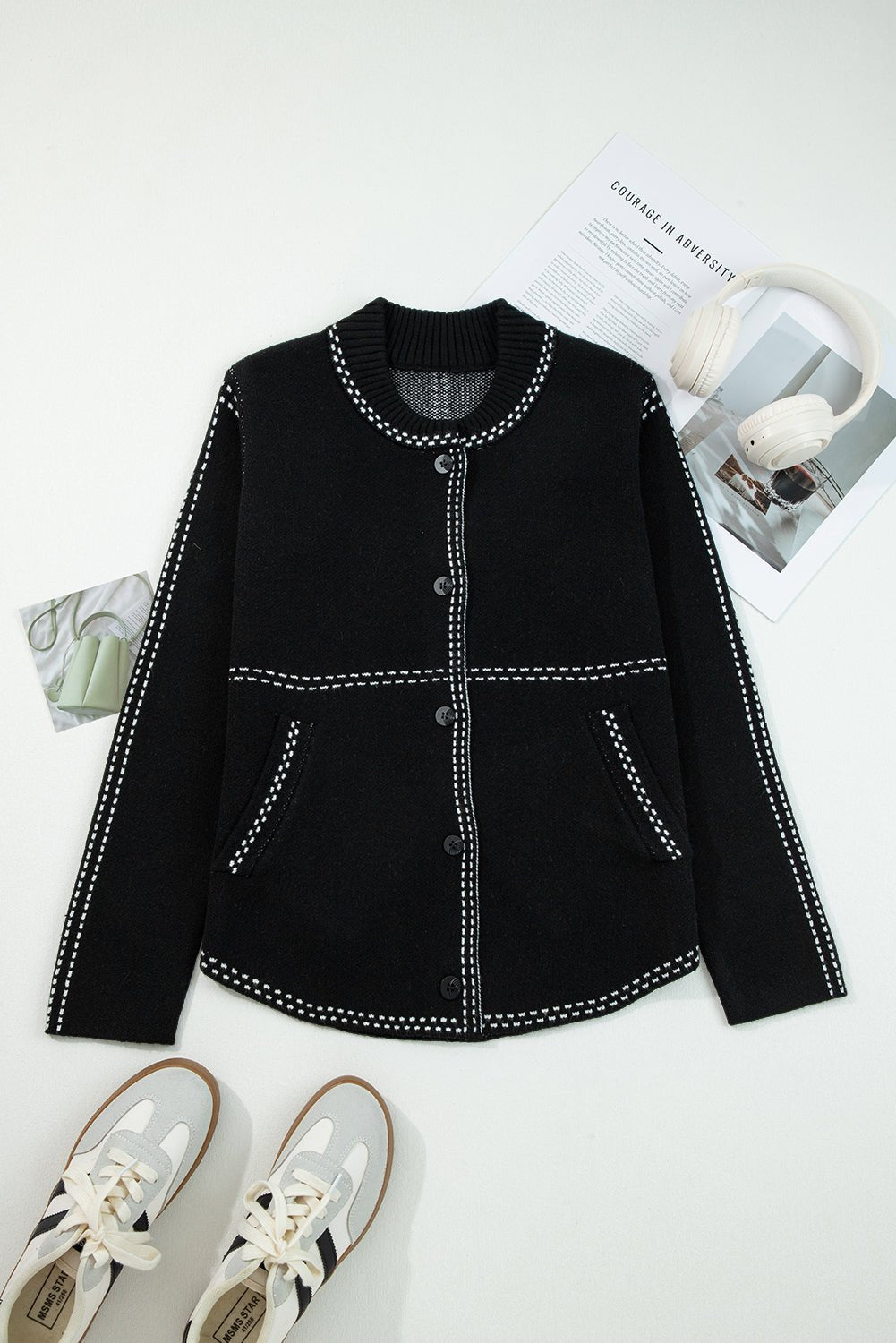 Black Bomber Contrast Trim Snap Button Long Sleeve Cardigan - MAD RUFFI