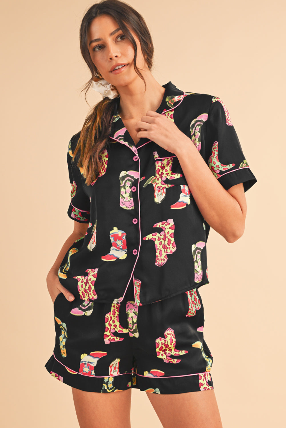 Black Boots Print Button-up Shirt and Shorts Pajama Set - MAD RUFFI